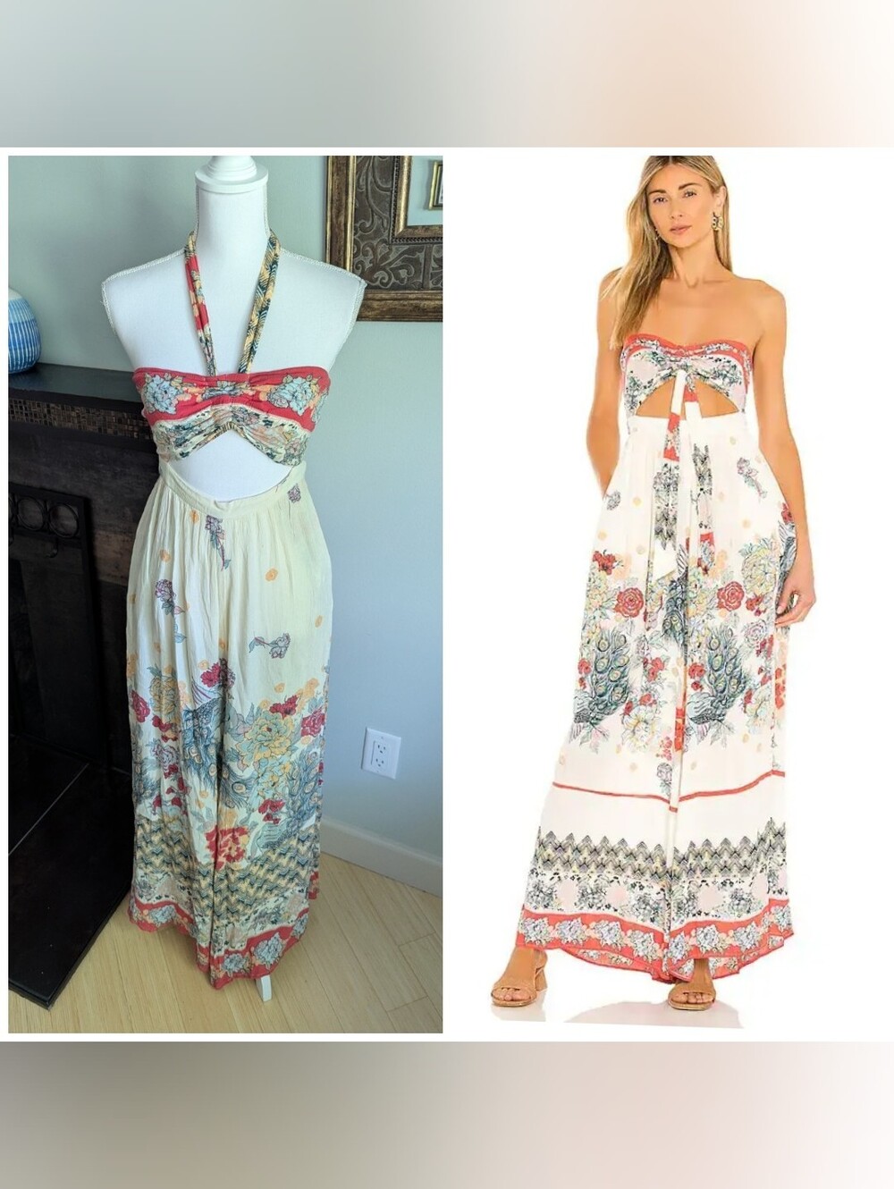 Free People Bali Birds of Paradise Cutouts Jumpsuit Women's XS Ivory Colorful